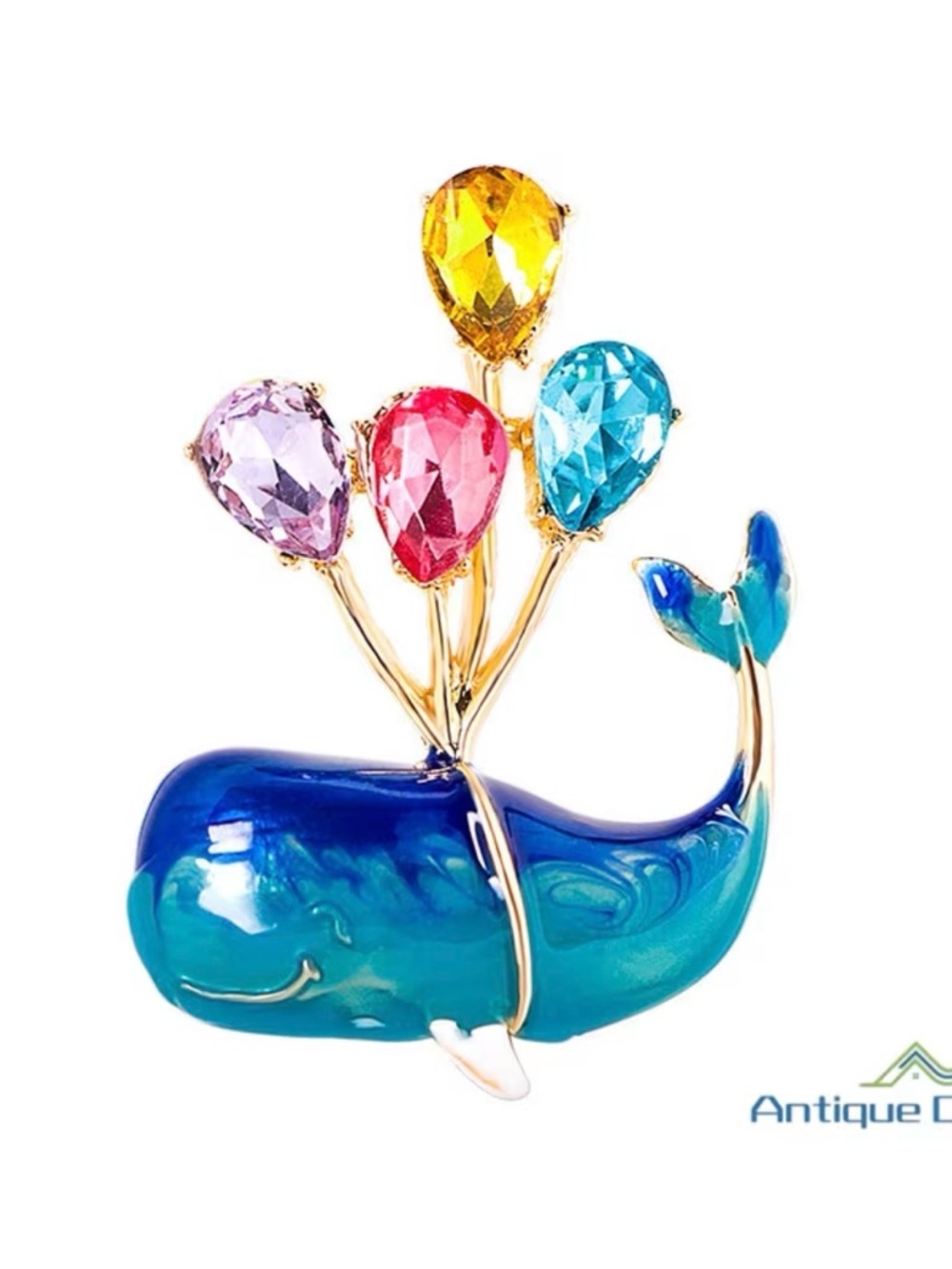 Blue Whale Brooch with Multicolor Gem Balloons - Picture 5 of 6